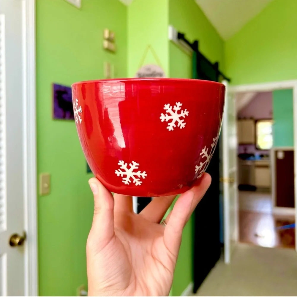 Winter Cherry Red Snowflake Ceramic Indoor Planter Vase Home Decor Accent Bowl - Picture 3 of 7